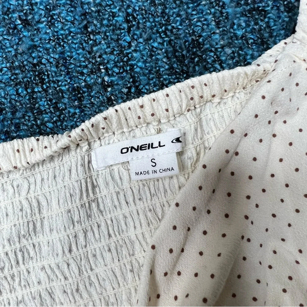 O'Neill Tie Front Puff Sleeve Polka Dot Mini Dress in Cream Brown Size Small NWT